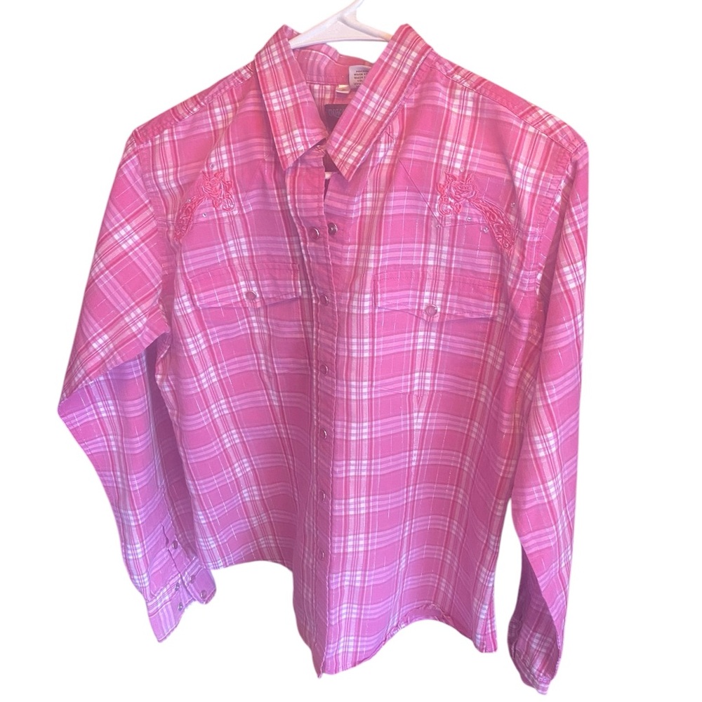 COWGIRL PINK & WHITE EMBROIDERED SHINY THROUGHOUT BUTTON DOWN LONG SLEEVE SHIRT